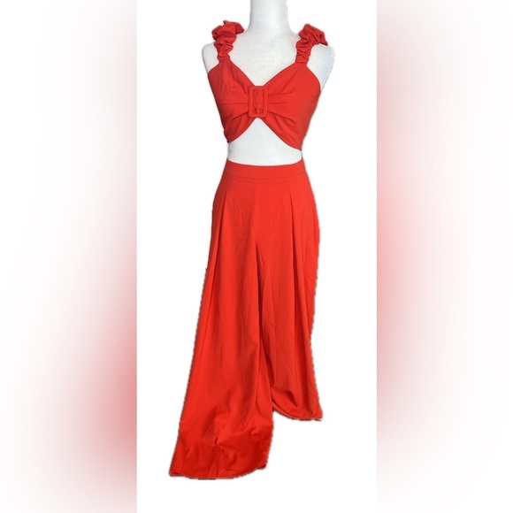 Pants - Chicways red matching pants set with crop top and wide leg trousers size s small